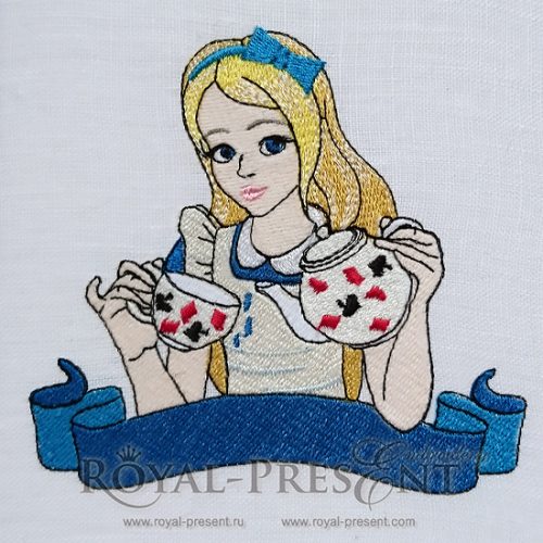 Machine Embroidery Design Alice pours a cup of tea from the kettle Machine Embroidery Design Alice