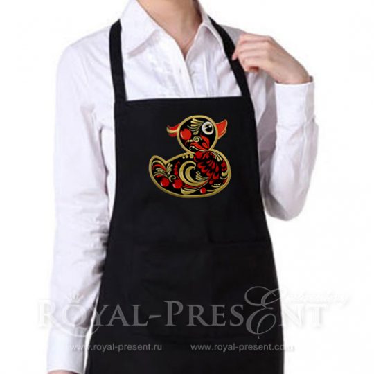 Applique Machine Embroidery Design Yellow duck in Khokhloma style - 3 sizes