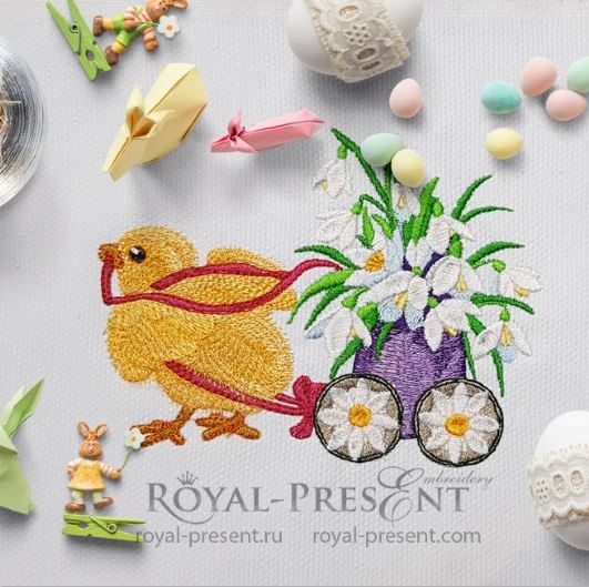 Machine Embroidery Design Easter chicken with snowdrops Machine Embroidery Design Easter chicken with snowdrops