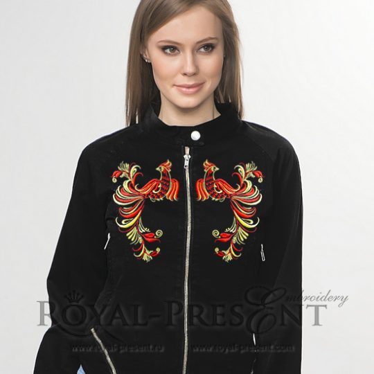 Machine Embroidery Design Russian Traditional Red and Gold bird