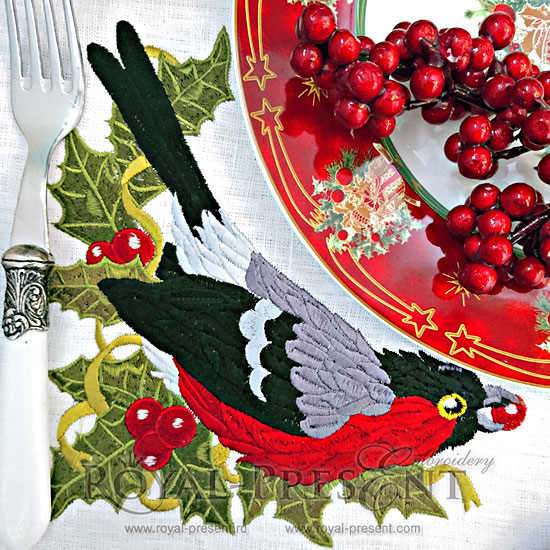 Machine Embroidery Design Bullfinch with holly Machine Embroidery Design Bullfinch with holly