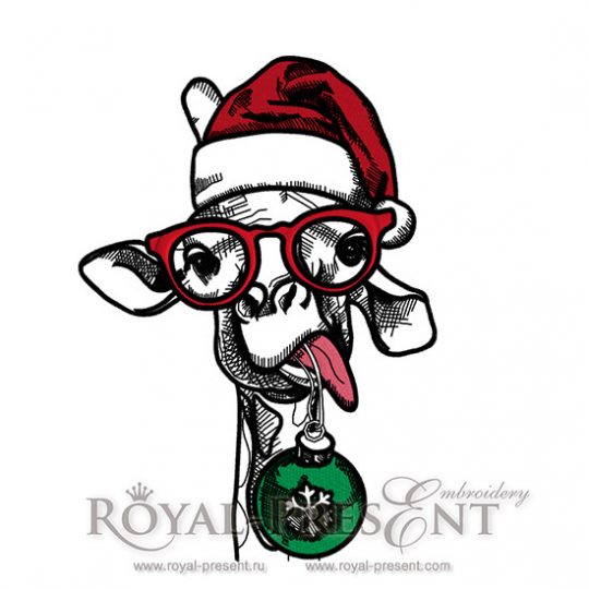 Machine Embroidery Design Giraffe portrait in a red Santa's hat