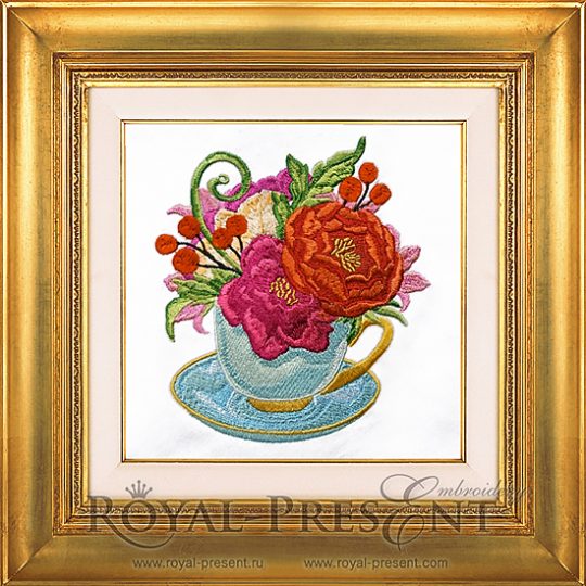 Machine Embroidery Design Teacup Peonies Machine Embroidery Design Tea cup Peonies
