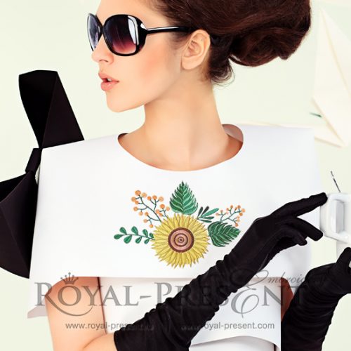 Machine Embroidery Design Yellow sunflower for neckline - 2 sizes