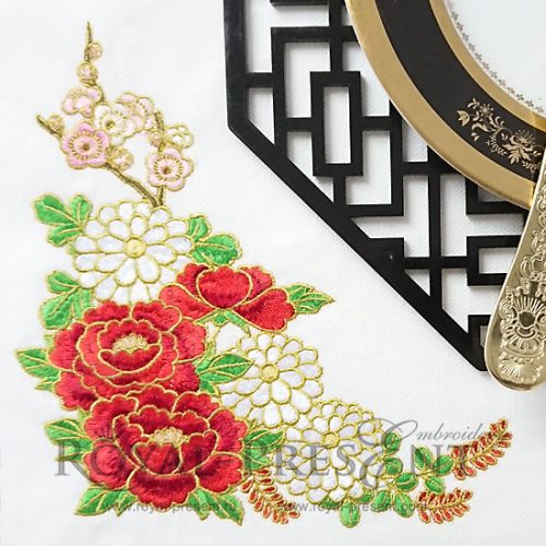 Corner Machine Embroidery Design Bouquet of Peonies Corner Machine Embroidery Design Bouquet of Peonies