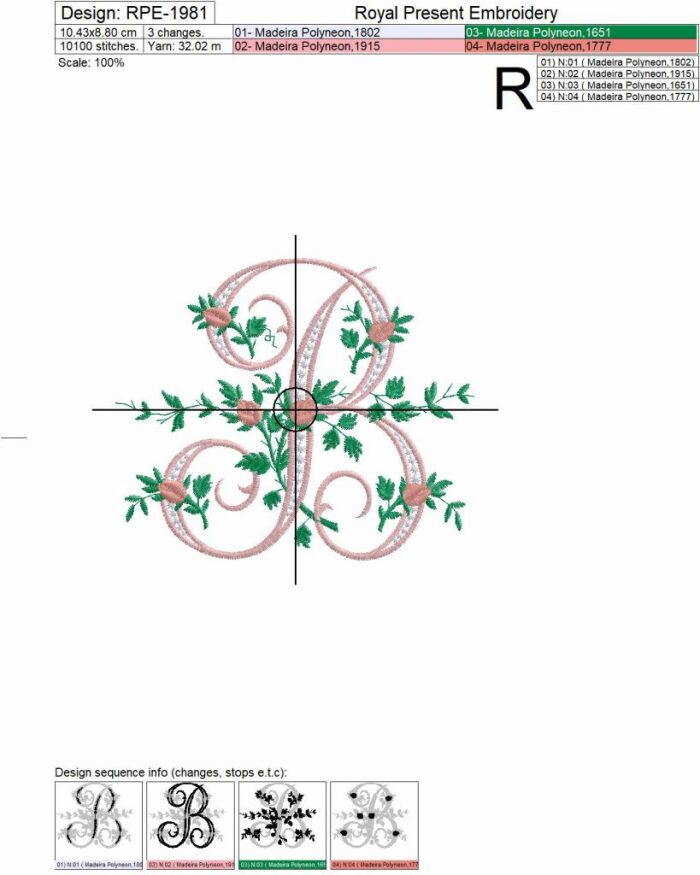 Monogram B with roses Machine Embroidery Design