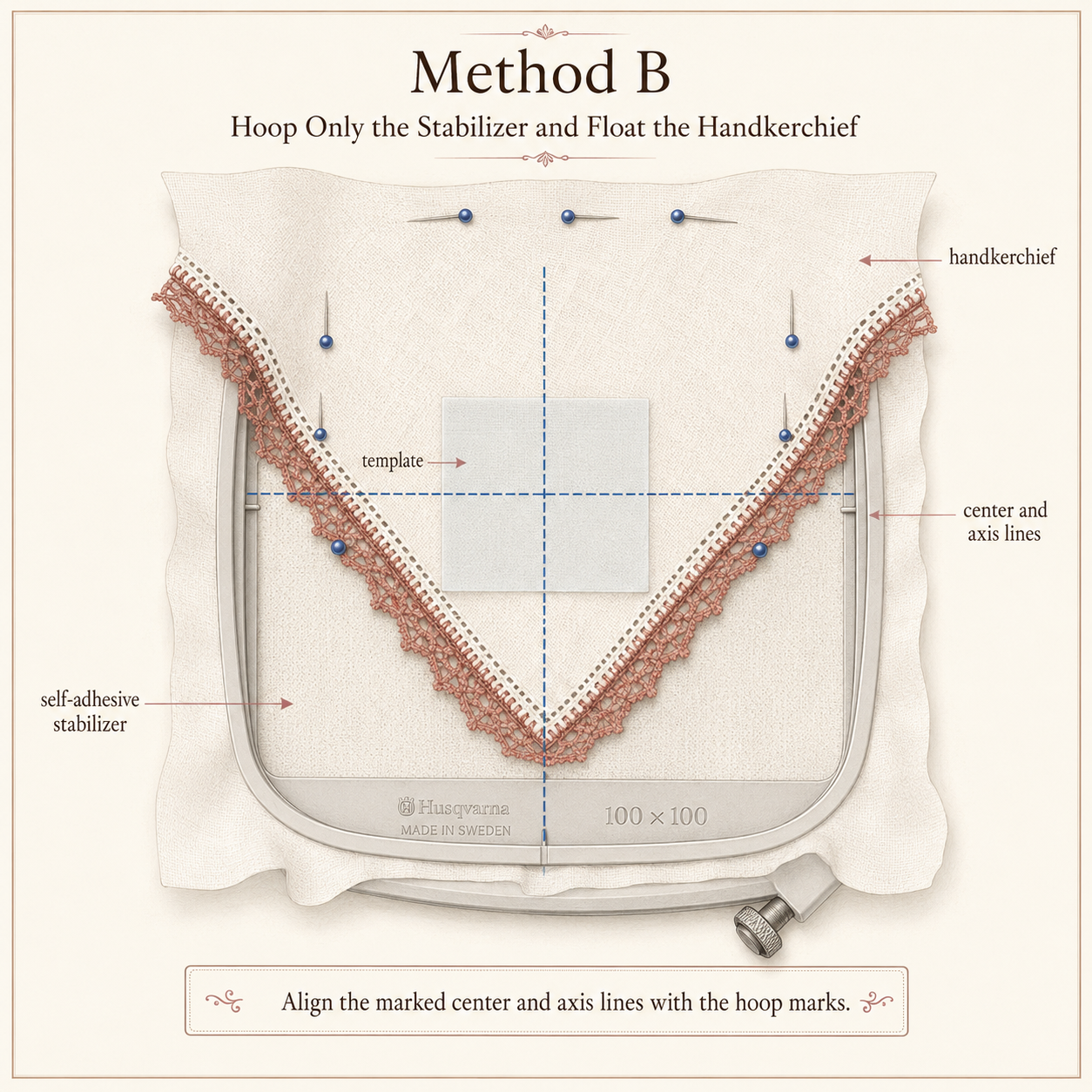 Two hooping methods for machine embroidery on handkerchiefs
