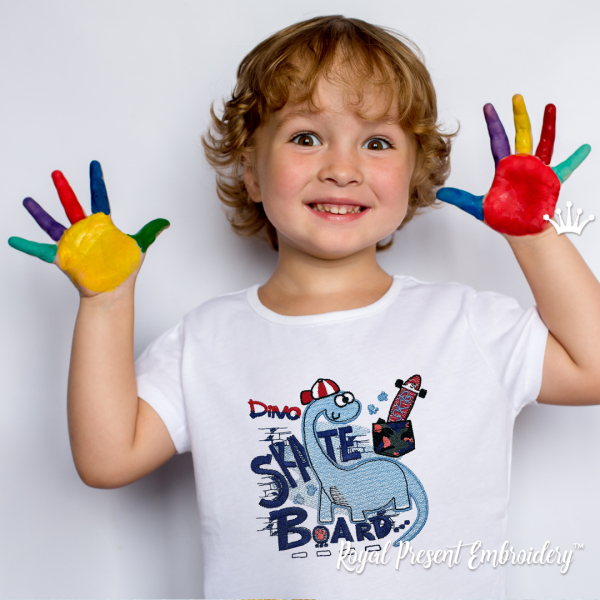 Dinosaur boy wearing red hat Machine Embroidery Design