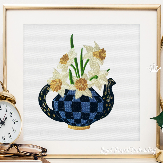 Checkered teapot with daffodils Machine Embroidery Design - 4 sizes