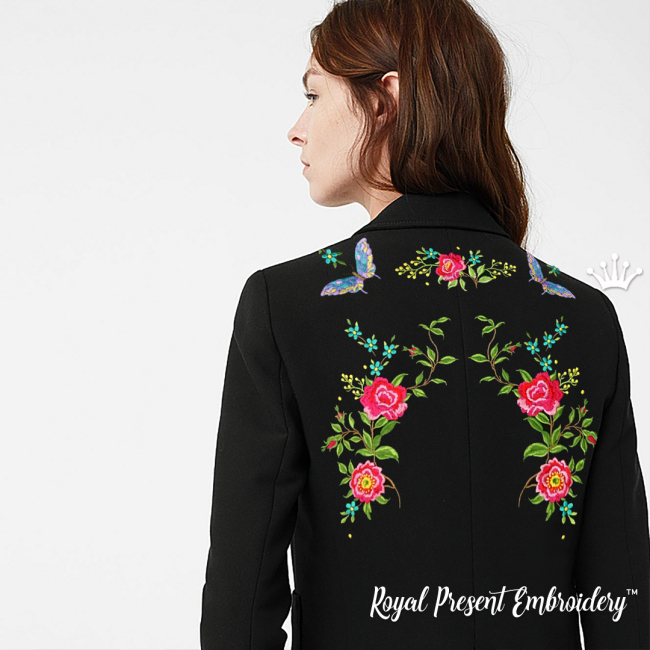 Set of Machine Embroidery Designs With Roses and Butterflies