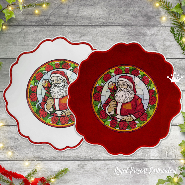 Stained Glass Santa placemat Machine embroidery design in 4 sizes