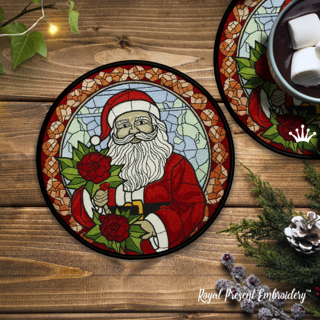 Stained Glass Santa cup coaster ITH Machine embroidery design in 4 sizes
