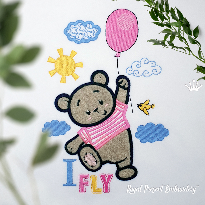 Teddy bear flies on a balloon Applique Machine Embroidery Design - 5 sizes Teddy bear flies on a balloon Applique Machine Embroidery Design - 5 sizes